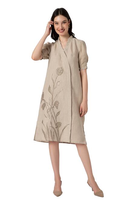 Buy Kaveri Beige Linen Embroidery, Zari V-neck Tulip Pencil Wave Printed Dress Online at Aza Fashions Buy_Kaveri_Beige Linen Embroidery, Zari V-neck Tulip Pencil Wave Printed Dress _Online_at_Aza_Fashions