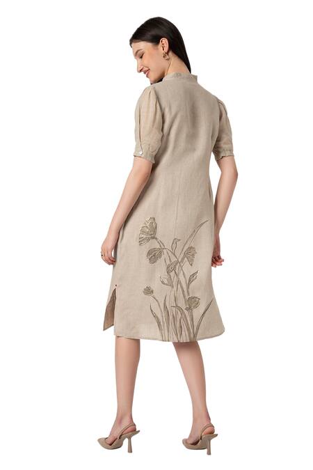 Shop Kaveri Beige Linen Embroidery, Zari V-neck Tulip Pencil Wave Printed Dress Online at Aza Fashions Shop_Kaveri_Beige Linen Embroidery, Zari V-neck Tulip Pencil Wave Printed Dress _Online_at_Aza_Fashions