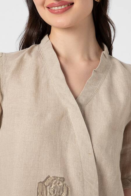 Kaveri Beige Linen Embroidery, Zari V-neck Tulip Pencil Wave Printed Dress at Aza Fashions Kaveri_Beige Linen Embroidery, Zari V-neck Tulip Pencil Wave Printed Dress _at_Aza_Fashions