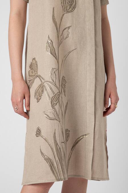 Buy Kaveri Beige Linen Embroidery, Zari V-neck Tulip Pencil Wave Printed Dress Buy_Kaveri_Beige Linen Embroidery, Zari V-neck Tulip Pencil Wave Printed Dress