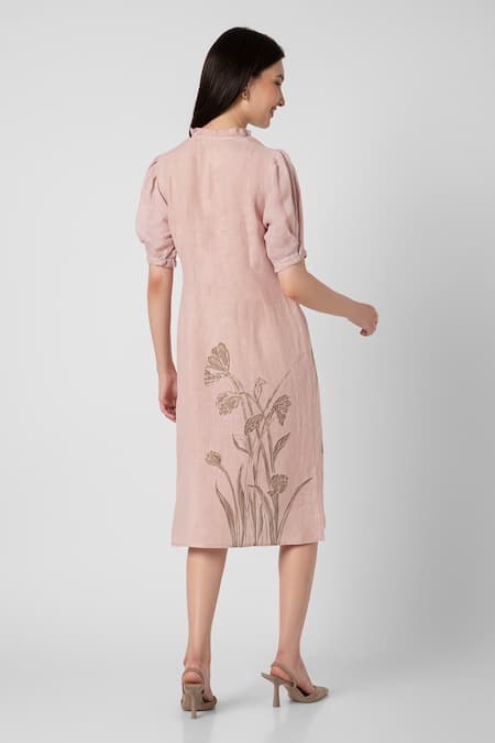 Shop Kaveri Pink Linen Embroidery Tulip Pencil Wave Printed Dress at Aza Fashions Shop_Kaveri_Pink Linen Embroidery Tulip Pencil Wave Printed Dress _at_Aza_Fashions