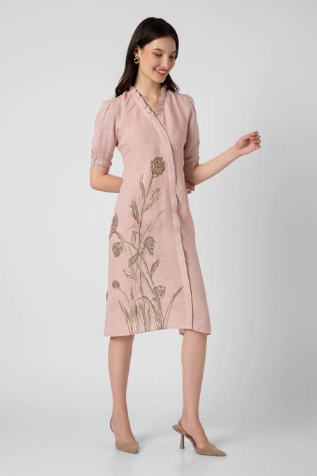 Kaveri Pink Linen Embroidery Tulip Pencil Wave Printed Dress Online at Aza Fashions Kaveri_Pink Linen Embroidery Tulip Pencil Wave Printed Dress _Online_at_Aza_Fashions