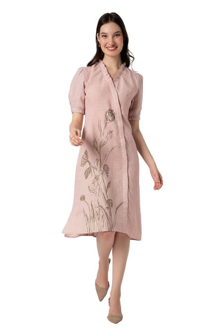 Buy Kaveri Pink Linen Embroidery Tulip Pencil Wave Printed Dress Online at Aza Fashions Buy_Kaveri_Pink Linen Embroidery Tulip Pencil Wave Printed Dress _Online_at_Aza_Fashions