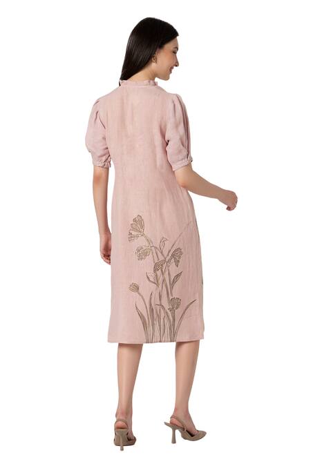 Shop Kaveri Pink Linen Embroidery Tulip Pencil Wave Printed Dress Online at Aza Fashions Shop_Kaveri_Pink Linen Embroidery Tulip Pencil Wave Printed Dress _Online_at_Aza_Fashions