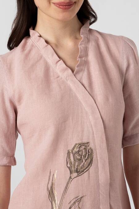 Kaveri Pink Linen Embroidery Tulip Pencil Wave Printed Dress at Aza Fashions Kaveri_Pink Linen Embroidery Tulip Pencil Wave Printed Dress _at_Aza_Fashions