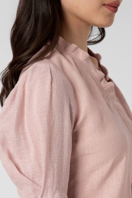 Buy Kaveri Pink Linen Embroidery Tulip Pencil Wave Printed Dress Buy_Kaveri_Pink Linen Embroidery Tulip Pencil Wave Printed Dress