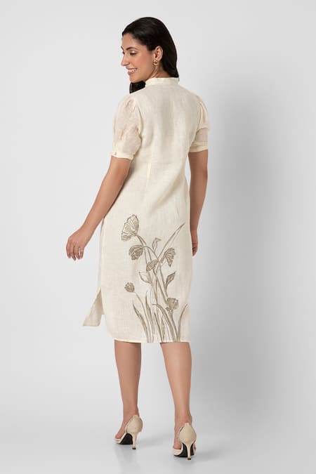 Shop Kaveri Off White Linen Embroidery, Zari V-neck Tulip Pencil Wave Bloom Print Dress at Aza Fashions Shop_Kaveri_Off White Linen Embroidery, Zari V-neck Tulip Pencil Wave Bloom Print Dress _at_Aza_Fashions