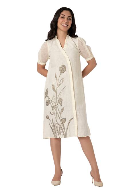 Kaveri Off White Linen Embroidery, Zari V-neck Tulip Pencil Wave Bloom Print Dress Online at Aza Fashions Kaveri_Off White Linen Embroidery, Zari V-neck Tulip Pencil Wave Bloom Print Dress _Online_at_Aza_Fashions