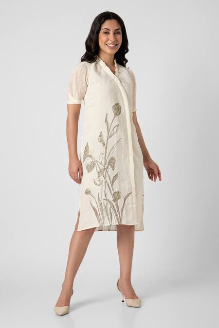 Buy Kaveri Off White Linen Embroidery, Zari V-neck Tulip Pencil Wave Bloom Print Dress Online at Aza Fashions Buy_Kaveri_Off White Linen Embroidery, Zari V-neck Tulip Pencil Wave Bloom Print Dress _Online_at_Aza_Fashions