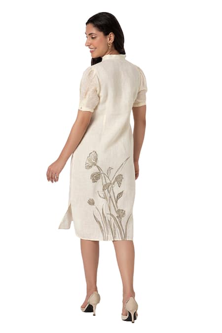 Shop Kaveri Off White Linen Embroidery, Zari V-neck Tulip Pencil Wave Bloom Print Dress Online at Aza Fashions Shop_Kaveri_Off White Linen Embroidery, Zari V-neck Tulip Pencil Wave Bloom Print Dress _Online_at_Aza_Fashions