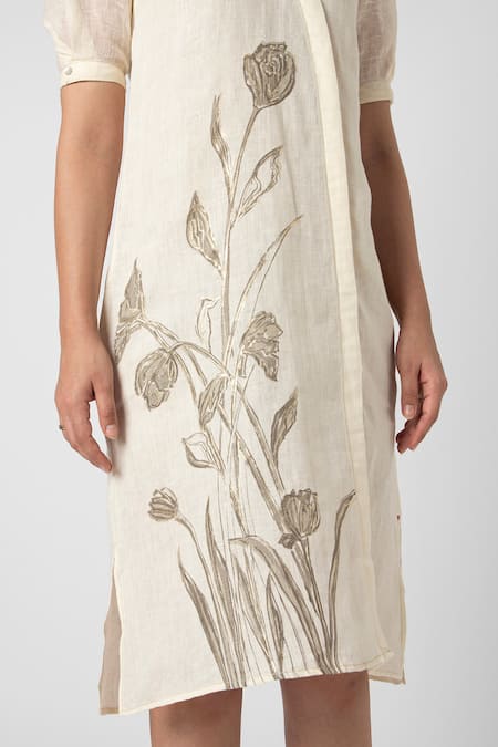 Buy Kaveri Off White Linen Embroidery, Zari V-neck Tulip Pencil Wave Bloom Print Dress Buy_Kaveri_Off White Linen Embroidery, Zari V-neck Tulip Pencil Wave Bloom Print Dress