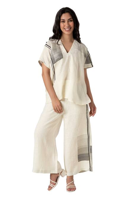 Shop_Kaveri_Off White 100% Linen Printed Brick V Neck Top And Pant Set_Online_at_Aza_Fashions