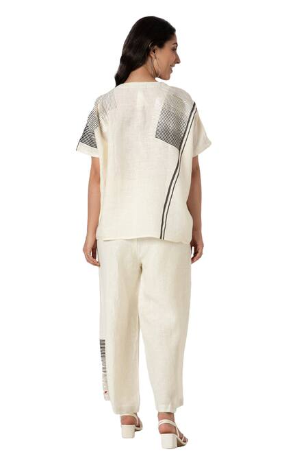 Kaveri_Off White 100% Linen Printed Brick V Neck Top And Pant Set_at_Aza_Fashions
