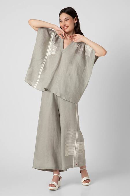 Buy_Kaveri_Grey 100% Linen Printed Brick V Neck Placement Top And Pant Set _Online_at_Aza_Fashions
