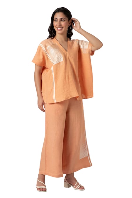Kaveri_Orange 100% Linen Printed Brick V Neck Top And Pant Set _Online_at_Aza_Fashions