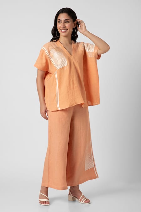 Buy_Kaveri_Orange 100% Linen Printed Brick V Neck Top And Pant Set _Online_at_Aza_Fashions