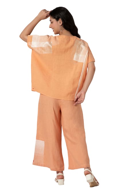 Shop_Kaveri_Orange 100% Linen Printed Brick V Neck Top And Pant Set _Online_at_Aza_Fashions