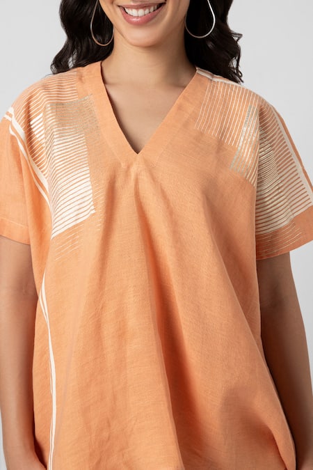 Kaveri_Orange 100% Linen Printed Brick V Neck Top And Pant Set _at_Aza_Fashions