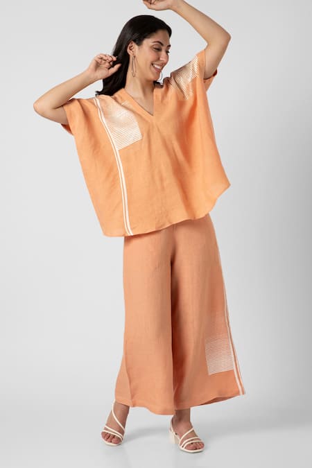 Shop_Kaveri_Orange 100% Linen Printed Brick V Neck Top And Pant Set 