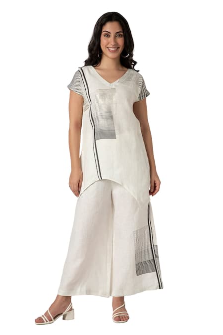 Shop_Kaveri_Off White 100% Linen Printed Brick V Neck Noa Top And Pant Set _Online_at_Aza_Fashions