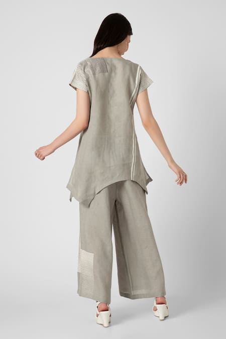 Shop_Kaveri_Green Linen V-neck Fern Asymmetric V Top And Pant Set _at_Aza_Fashions