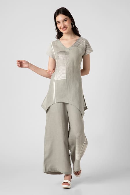 Buy_Kaveri_Green Linen V-neck Fern Asymmetric V Top And Pant Set _Online_at_Aza_Fashions