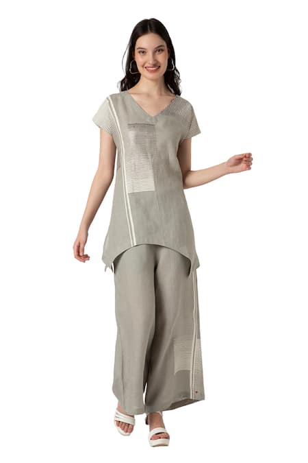 Shop_Kaveri_Green Linen V-neck Fern Asymmetric V Top And Pant Set _Online_at_Aza_Fashions