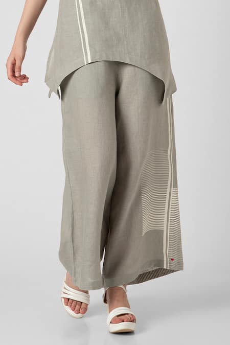 Kaveri_Green Linen V-neck Fern Asymmetric V Top And Pant Set _at_Aza_Fashions