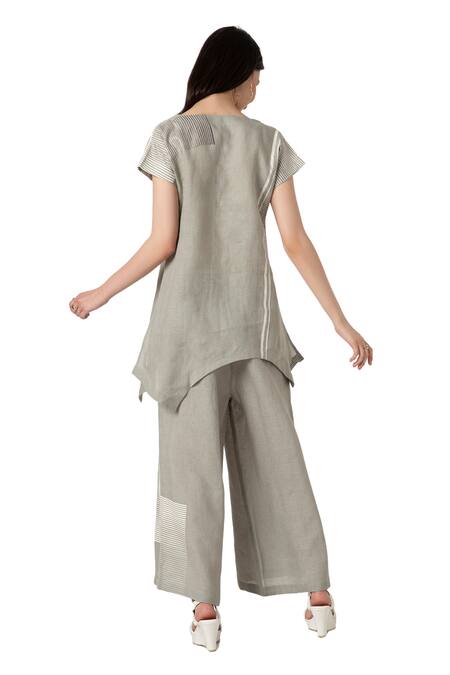 Buy_Kaveri_Green Linen V-neck Fern Asymmetric V Top And Pant Set 