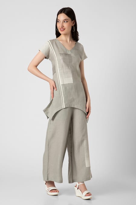 Shop_Kaveri_Green Linen V-neck Fern Asymmetric V Top And Pant Set 