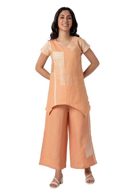 Shop_Kaveri_Orange 100% Linen Printed Brick V Neck Top And Pant Set _Online_at_Aza_Fashions