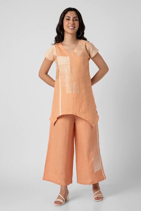 Kaveri_Orange 100% Linen Printed Brick V Neck Top And Pant Set _at_Aza_Fashions