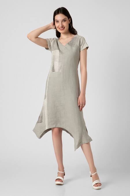Kaveri_Green Linen V-neck Brick Print Noa Dress_Online_at_Aza_Fashions