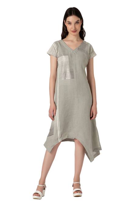 Buy_Kaveri_Green Linen V-neck Brick Print Noa Dress_Online_at_Aza_Fashions
