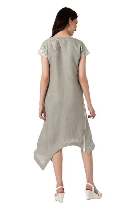Shop_Kaveri_Green Linen V-neck Brick Print Noa Dress_Online_at_Aza_Fashions
