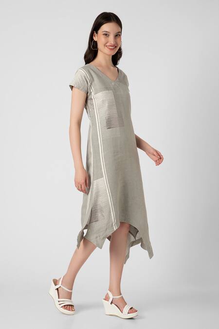 Kaveri_Green Linen V-neck Brick Print Noa Dress_at_Aza_Fashions