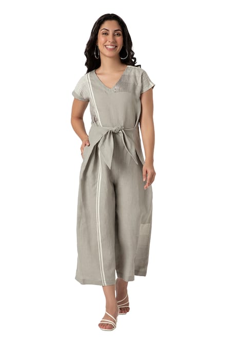 Shop_Kaveri_Green Linen V-neck Brick Print Jumpsuit_Online_at_Aza_Fashions