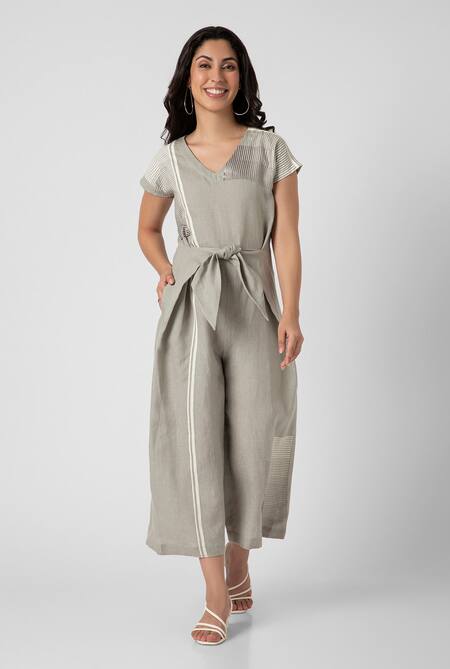 Kaveri_Green Linen V-neck Brick Print Jumpsuit_at_Aza_Fashions