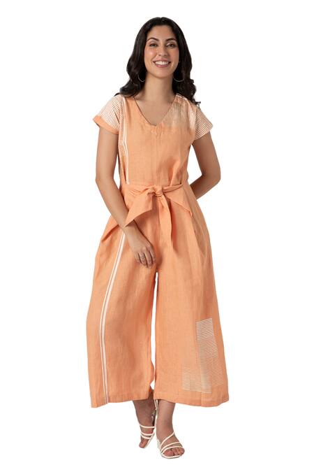 Buy Kaveri Orange Linen V-neck Brick Placement Print Jumpsuit Online at Aza Fashions Buy_Kaveri_Orange Linen V-neck Brick Placement Print Jumpsuit_Online_at_Aza_Fashions