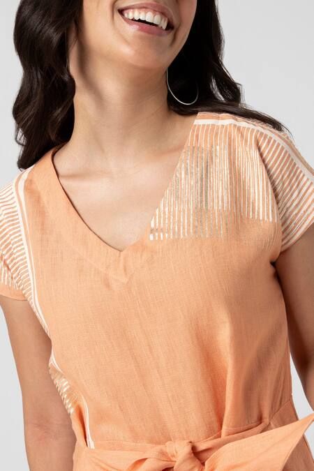 Shop Kaveri Orange Linen V-neck Brick Placement Print Jumpsuit Shop_Kaveri_Orange Linen V-neck Brick Placement Print Jumpsuit