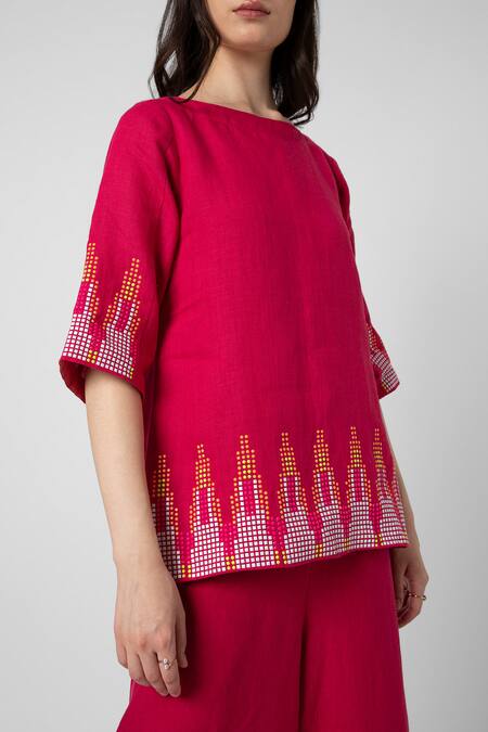 Kaveri Pink 100% Linen Embellished Stud Boat Mona Ny Pattern Top And Pant Set Online at Aza Fashions Kaveri_Pink 100% Linen Embellished Stud Boat Mona Ny Pattern Top And Pant Set _Online_at_Aza_Fashions