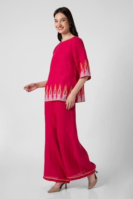 Shop Kaveri Pink 100% Linen Embellished Stud Boat Mona Ny Pattern Top And Pant Set Online at Aza Fashions Shop_Kaveri_Pink 100% Linen Embellished Stud Boat Mona Ny Pattern Top And Pant Set _Online_at_Aza_Fashions