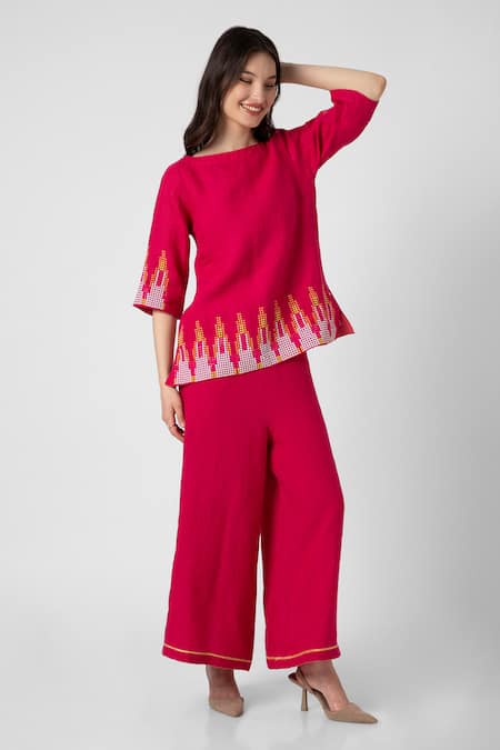 Buy Kaveri Pink 100% Linen Embellished Stud Boat Mona Ny Pattern Top And Pant Set Buy_Kaveri_Pink 100% Linen Embellished Stud Boat Mona Ny Pattern Top And Pant Set