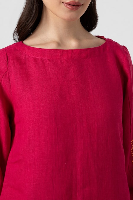 Shop Kaveri Pink 100% Linen Embellished Stud Boat Mona Ny Pattern Top And Pant Set Shop_Kaveri_Pink 100% Linen Embellished Stud Boat Mona Ny Pattern Top And Pant Set
