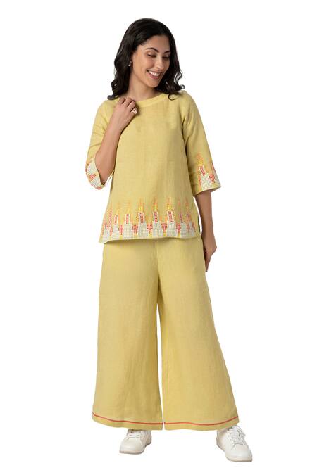 Shop Kaveri Green 100% Linen Embellished Stud Boat Neck Mona Ny Top And Pant Set Online at Aza Fashions Shop_Kaveri_Green 100% Linen Embellished Stud Boat Neck Mona Ny Top And Pant Set _Online_at_Aza_Fashions