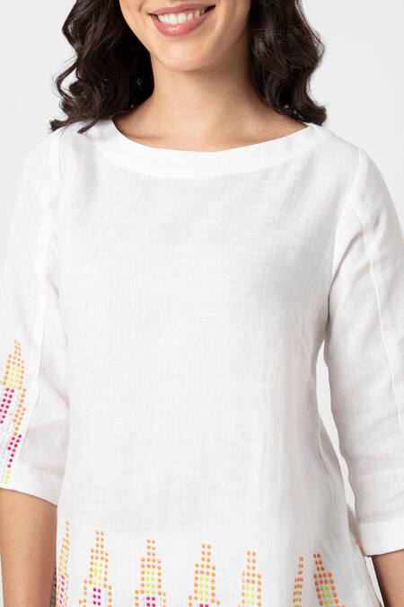 Buy Kaveri White 100% Linen Embellished Stud Boat Mona Border Top And Pant Set Buy_Kaveri_White 100% Linen Embellished Stud Boat Mona Border Top And Pant Set