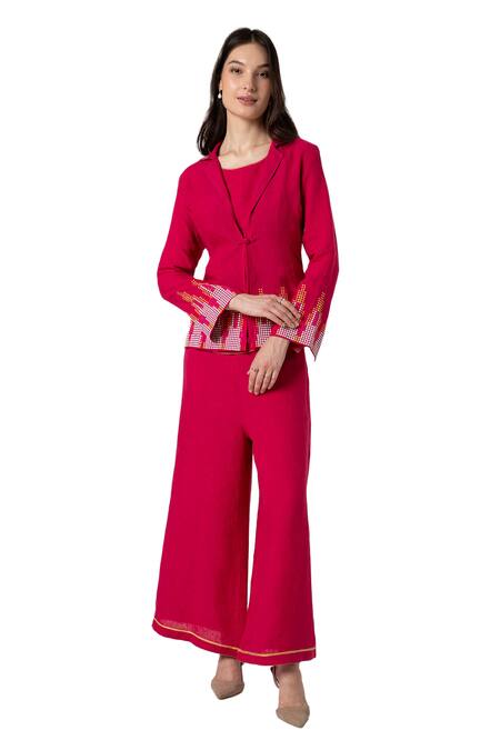Shop_Kaveri_Pink 100% Linen Embellished Stud Notched Mona Ny Blazer Pant Set  _Online_at_Aza_Fashions