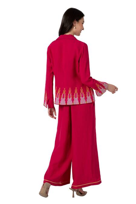 Kaveri_Pink 100% Linen Embellished Stud Notched Mona Ny Blazer Pant Set  _at_Aza_Fashions