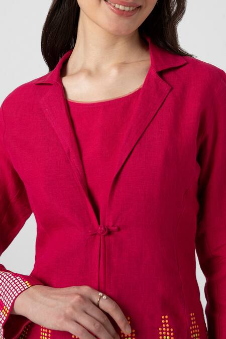 Shop_Kaveri_Pink 100% Linen Embellished Stud Notched Mona Ny Blazer Pant Set  