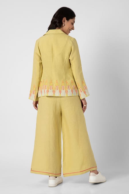 Shop Kaveri Green 100% Linen Embellished Stud Mona Ny Pattern Blazer Pant Set at Aza Fashions Shop_Kaveri_Green 100% Linen Embellished Stud Mona Ny Pattern Blazer Pant Set _at_Aza_Fashions